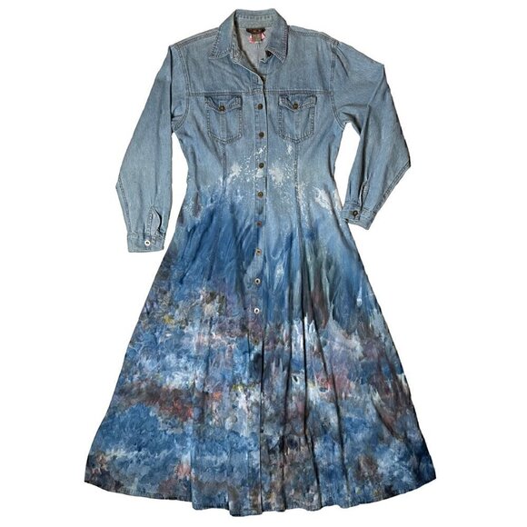 New York Style Button Front Vintage Denim Shirt Dress Hand Dyed Cotton size 8 - Picture 1 of 7